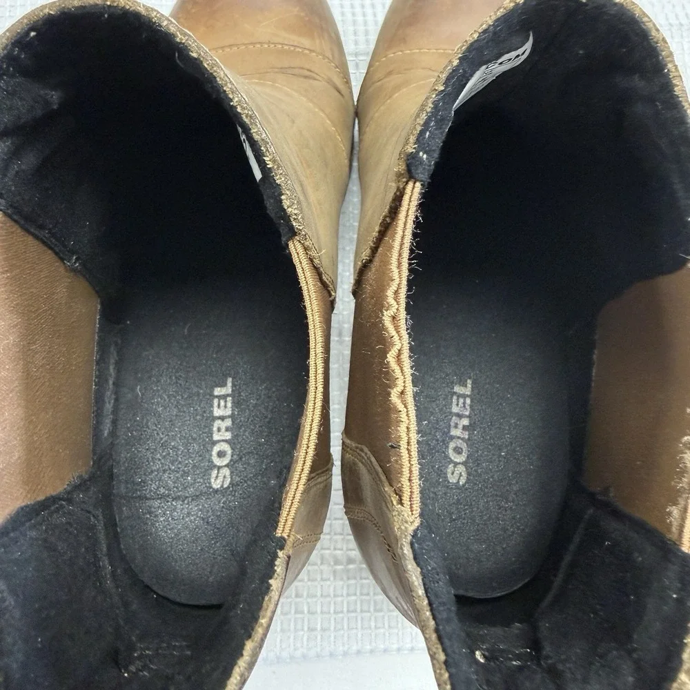 Sorel‎ Womens 8 Ankle Boot Lea Joan Of Arctic Wedge II Tan Leather Heel Shoes